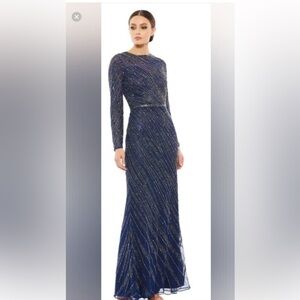 Mac Duggal Blue and Silver Long Sleeve Dress